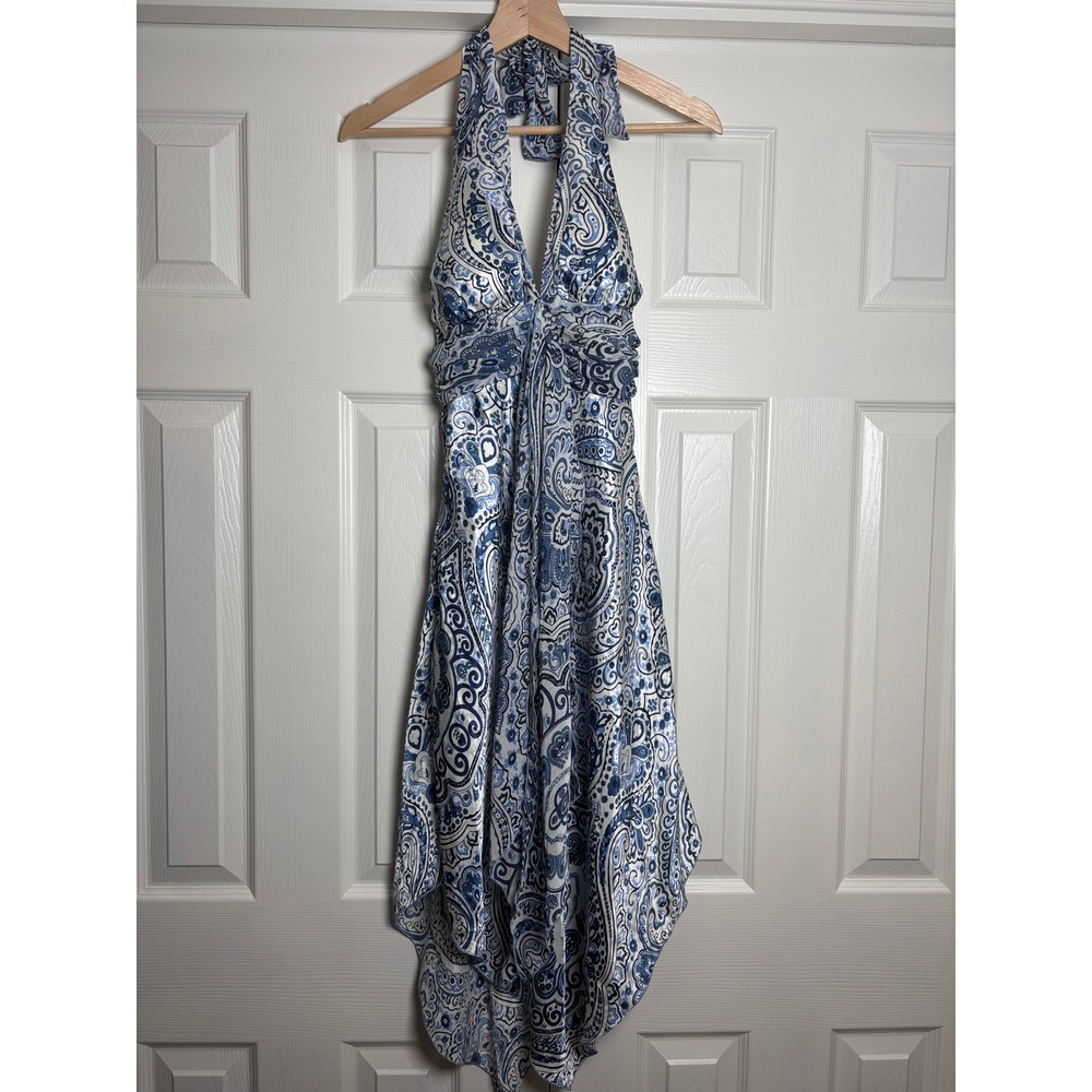 Vintage Alyn Paige Paisley Halter Dress Blue White Y2K Handkerchief Hem Size 3/4